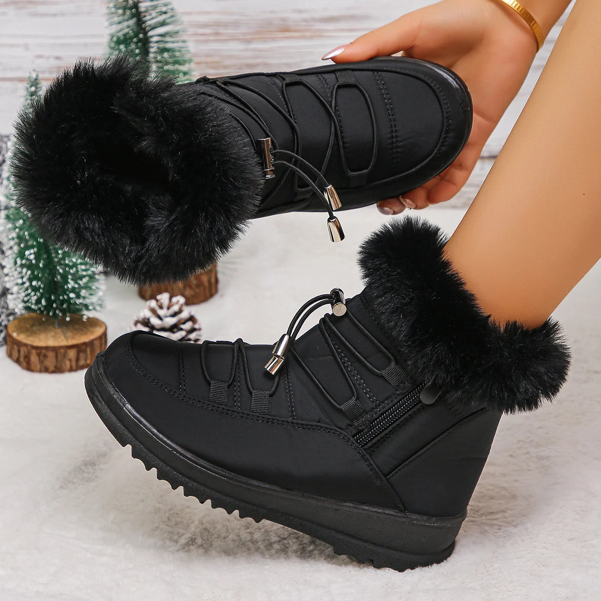 Women's Waterproof Faux Fur Ankle Snow Boots | Non-Slip Wedge Women's Snow Boots Axl black 42