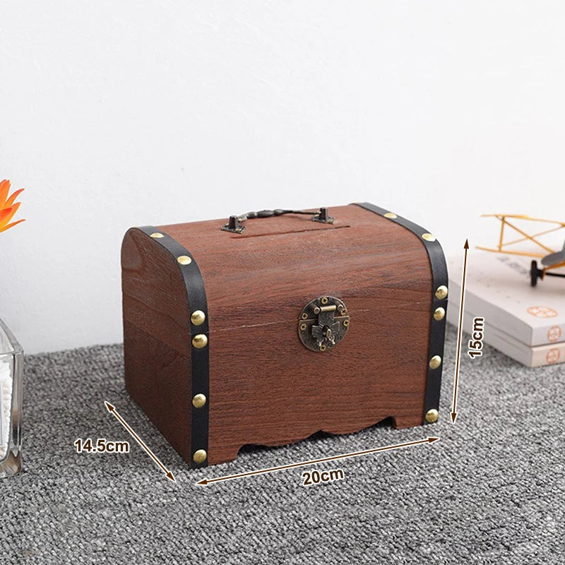 Vintage Wooden Treasure Chest with Lock | Piggy Bank & Decor Decorative Storage Box Axl A3