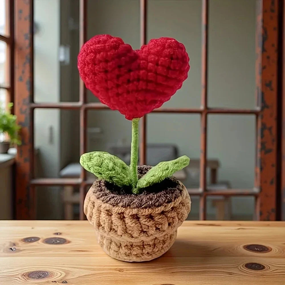 2-Pack Handmade Knitted Flower Pot – Heart Rose Artificial Decor Artificial Flower Pot Axl