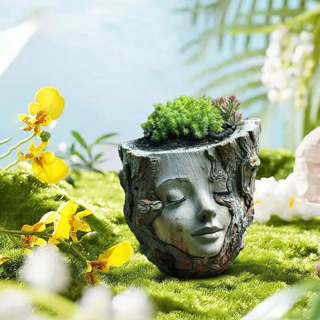Girl Face Resin Flower Pot – Handmade Tree Stump Garden Statue Decorative Garden Planter Axl