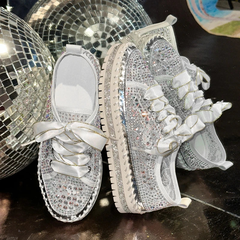 Women's Rhinestone Flat Sneakers – Luxury Casual Trainers Flat Sneakers Axl WHITE 41