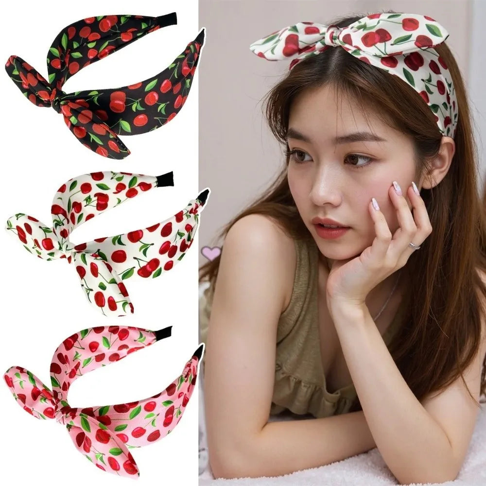 Cherry Print Bow Headband – Wide Knotted Rabbit Ear Hair Hoop Fashion Headband Axl