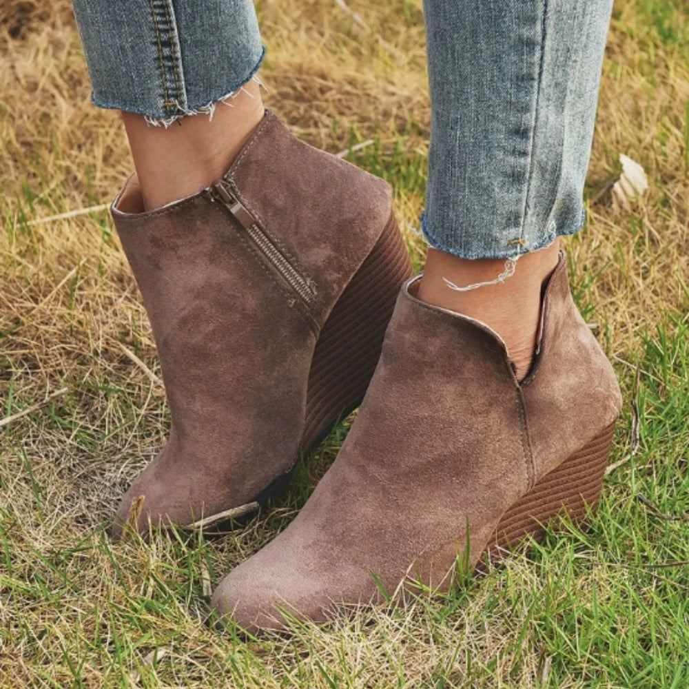 Women's Wedge Ankle Boots – Side Zip Round Toe Warm Booties Wedge Ankle Boots Axl Dark Khaki 37