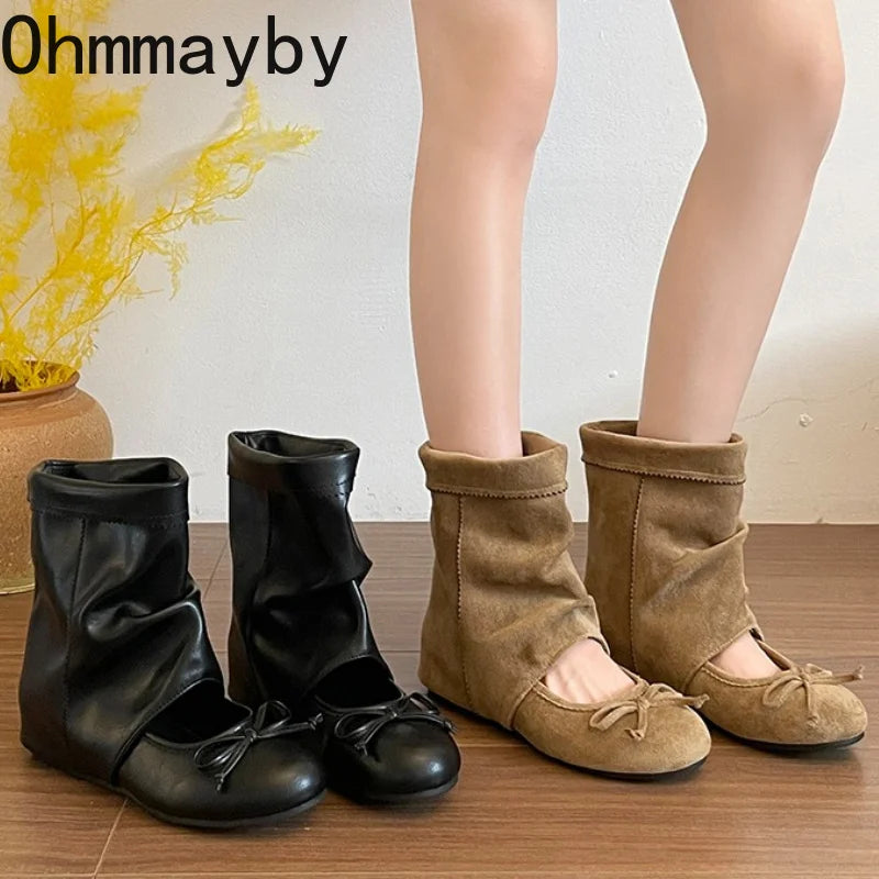 Women's Vintage Suede Mid-Calf Booties Butterfly-Knot Wedge Mid-Calf Wedge Booties Axl