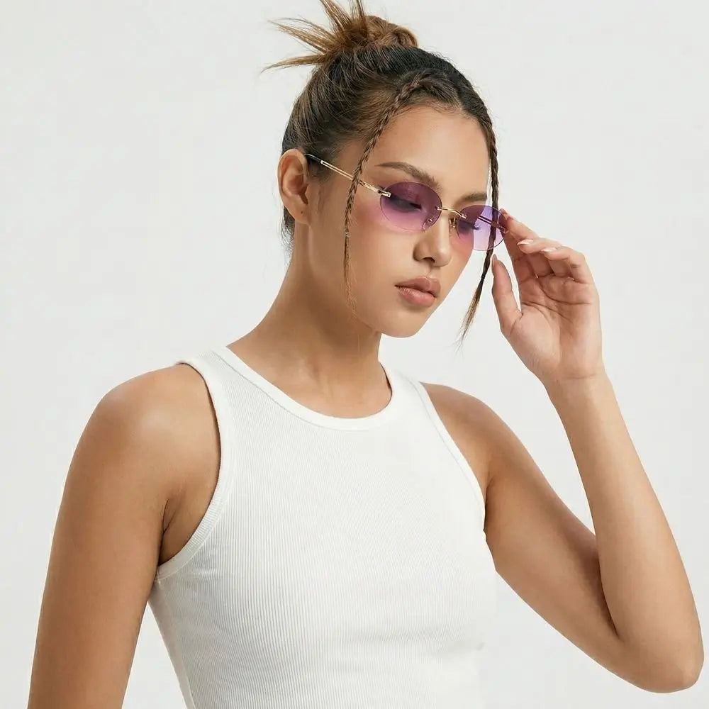 Vintage Rimless Oval Sunglasses – Gradient Lens Women's Fashion Oval Sunglasses Axl