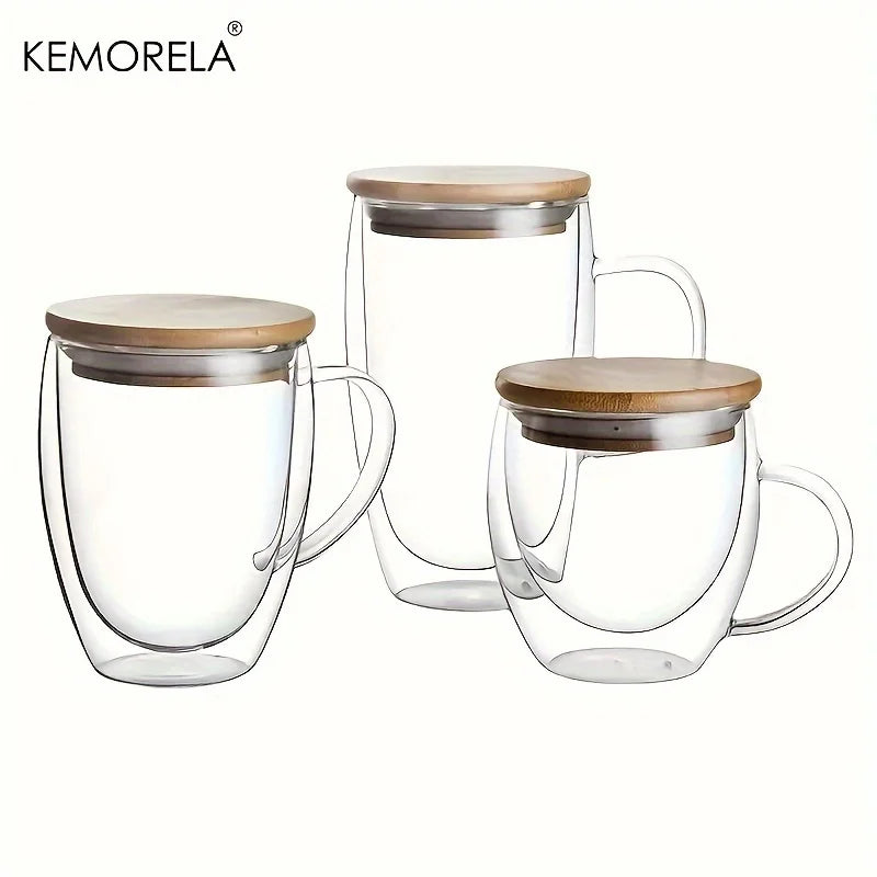 KEMORELA Double Wall Glass Coffee Mug 350/450ml – Bamboo Lid Glass Coffee Mug Axl
