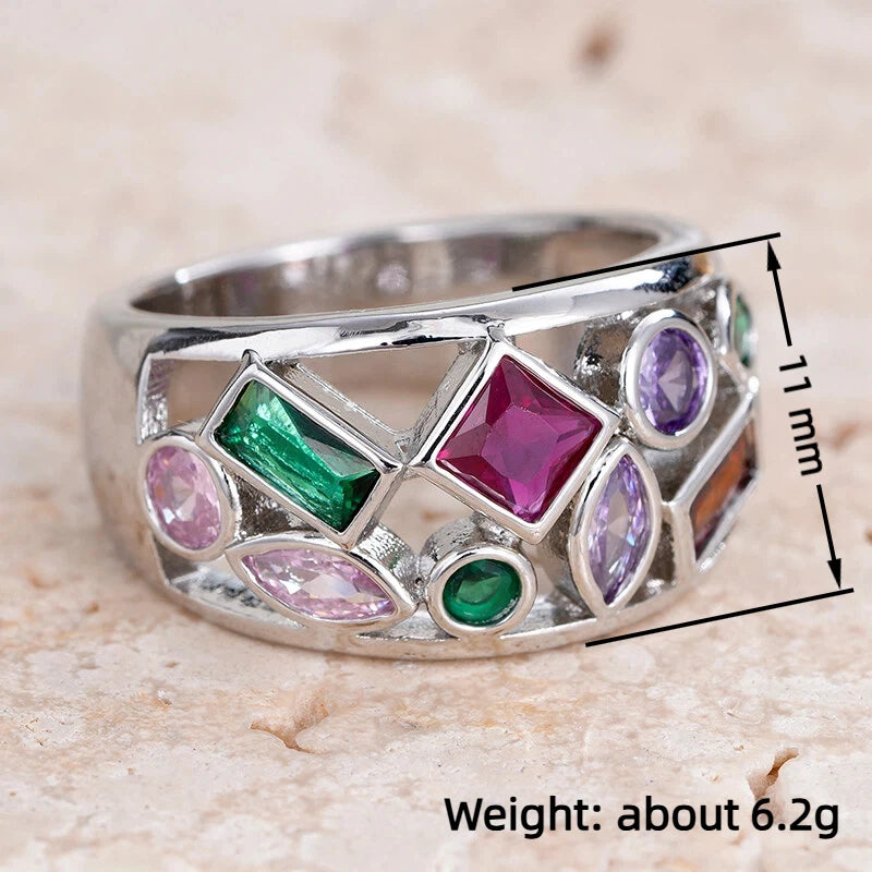 Huitan Rainbow CZ Wide Band Ring – Bohemian Women's Jewelry Fashion Ring Axl