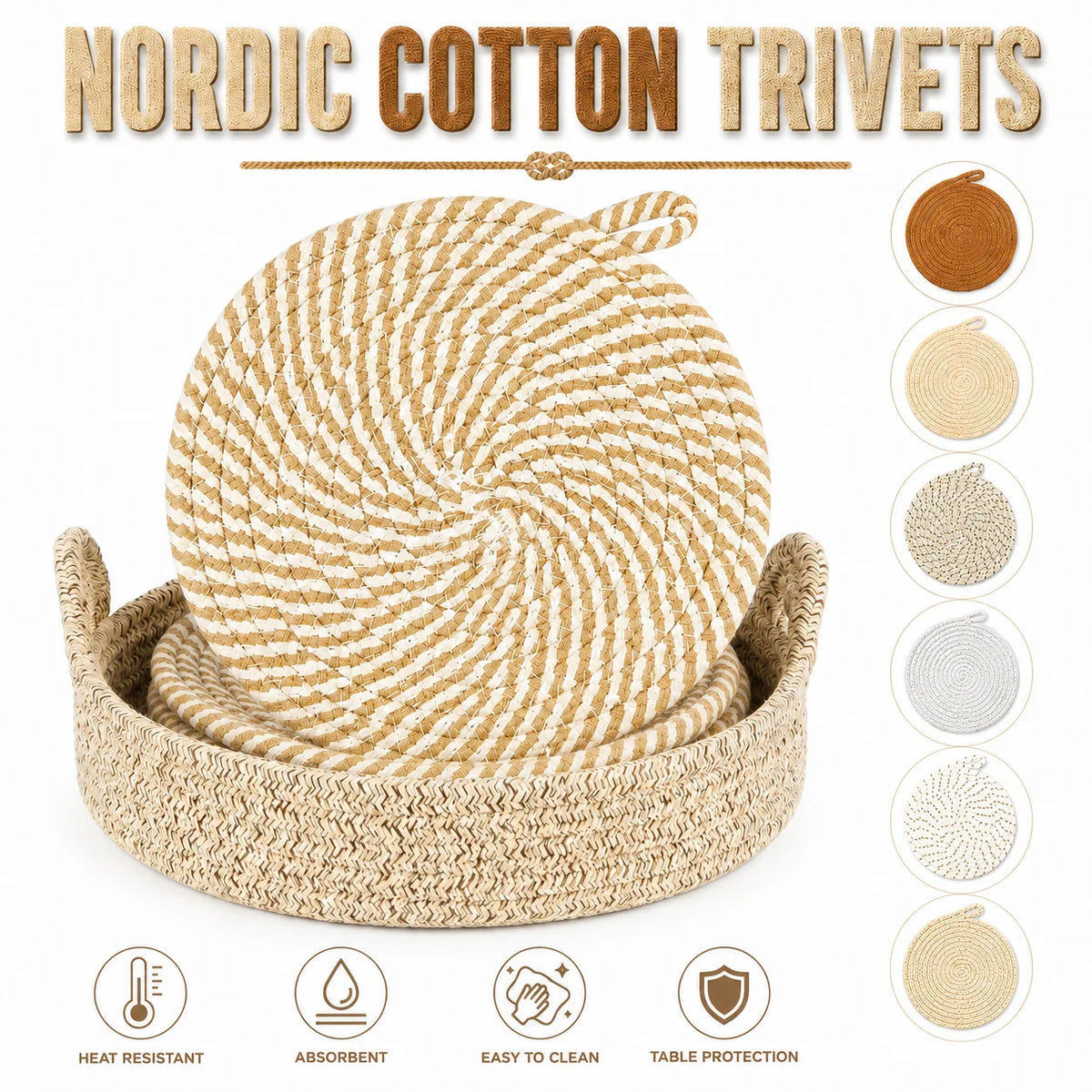 Woven Cotton Trivet Set of 6 with Holder | Nordic Hot Pads Kitchen Trivets Set Axl
