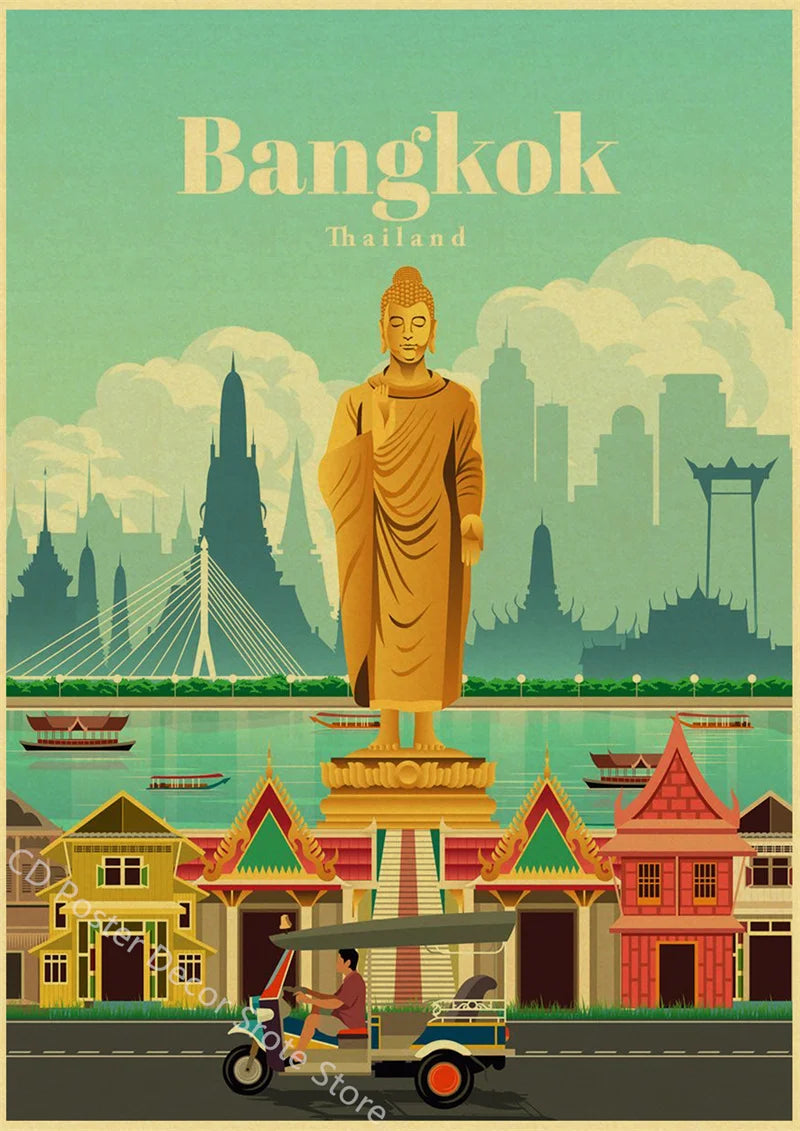 World Cities Retro Travel Poster – Rome Paris Sydney Dubai Art