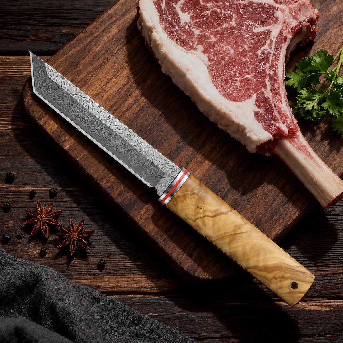 PLYS Damascus Steel Chef Knife – 9.5" Wood Handle Carving Knife Damascus Chef Knife Axl