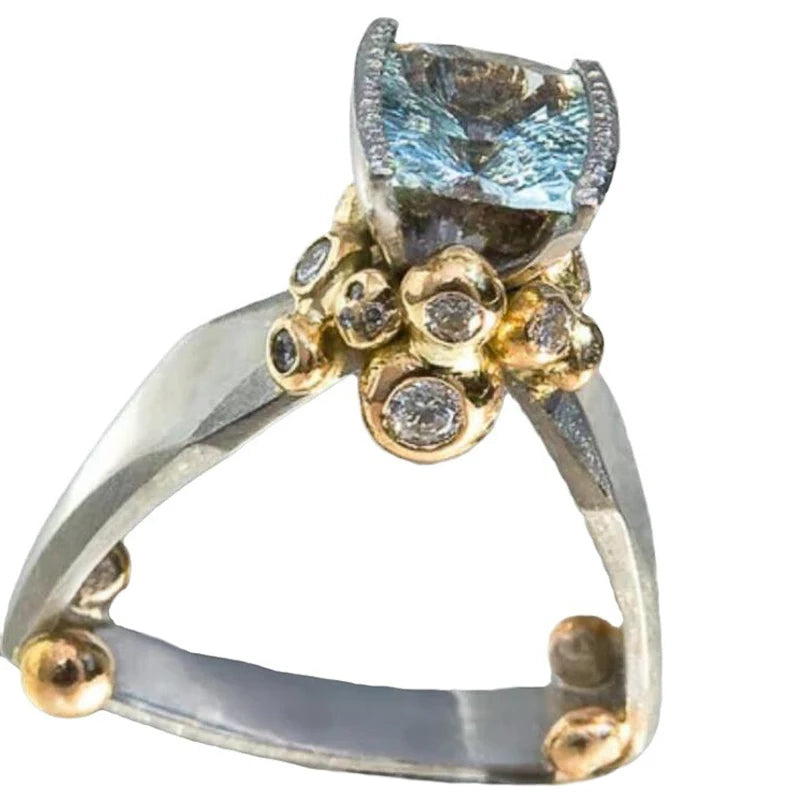 Huitan Blue CZ Two-Tone Triangular Band Ring for Women Women's Fashion Ring Axl