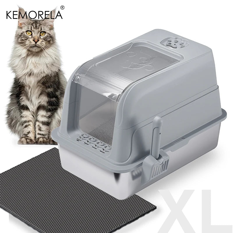 KEMORELA XL Enclosed Stainless Steel Cat Litter Box with Lid Cat Litter Box Axl Grey