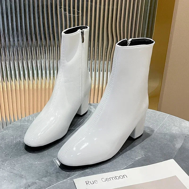Women's PU Leather Ankle Boots – Square Heel & Side Zipper Chelsea Ankle Boots Axl WHITE 37