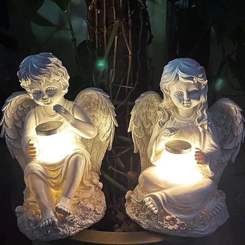 European Angel Statue Solar Garden Décor – Boy & Girl Resin Garden Resin Sculpture Axl