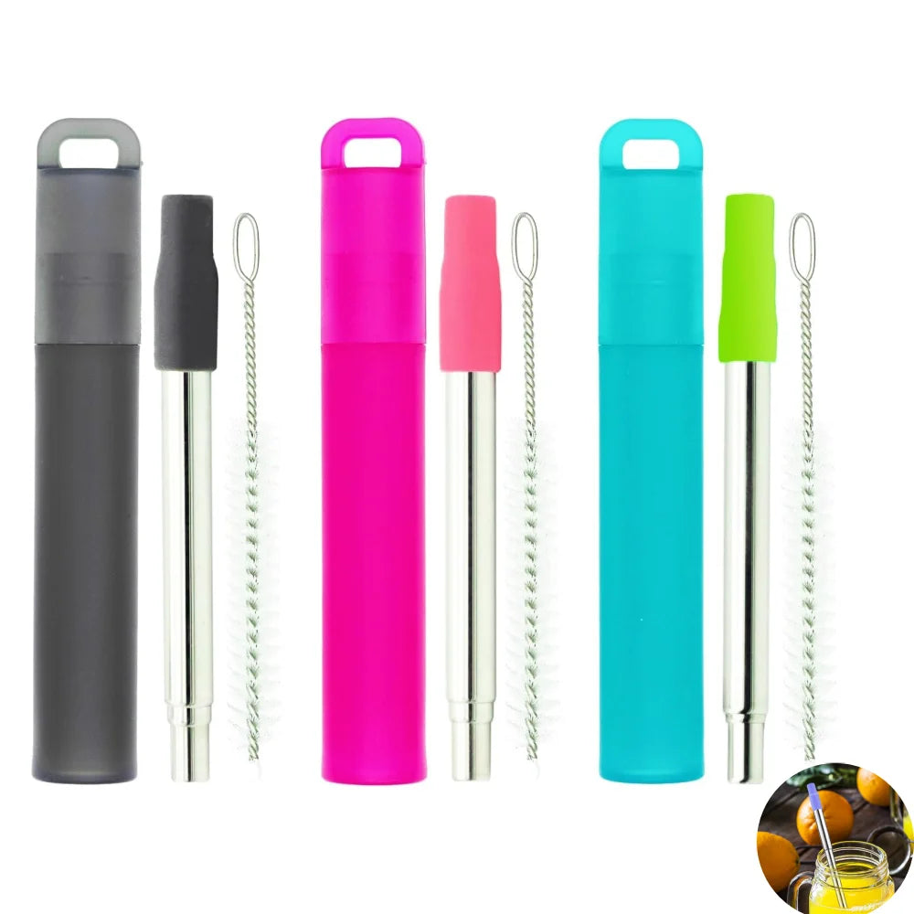 Collapsible Stainless Steel Travel Straws with Case & Brush Reusable Travel Straws Axl Green Gray Purple