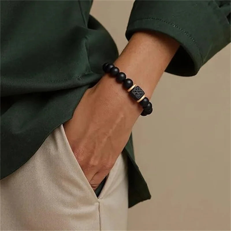 Men's 8mm Black Onyx & Lava Stone Beaded Bracelet Elastic Beaded Stone Bracelet Axl