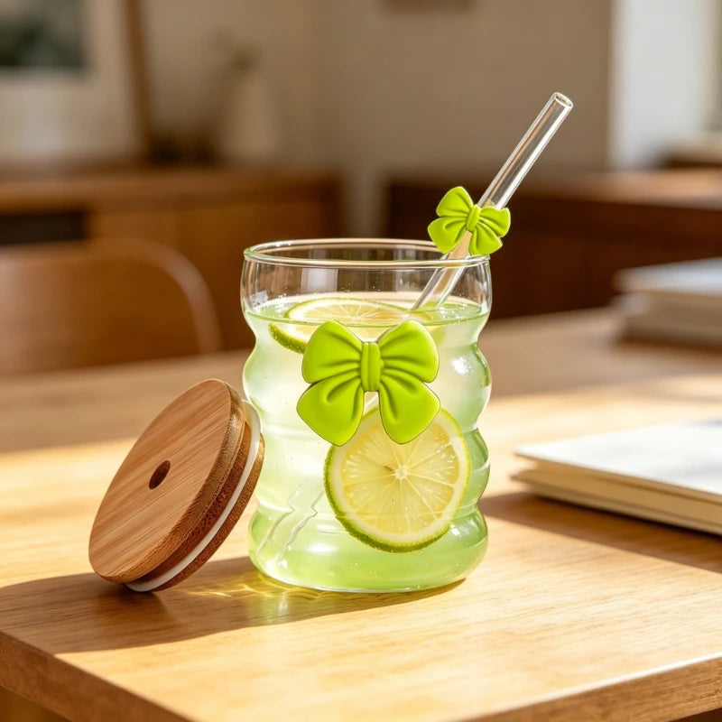 KEMORELA 300ml Butterfly Glass Cup with Lid & Straw Glass Drinkware Cup Axl Green 300ML