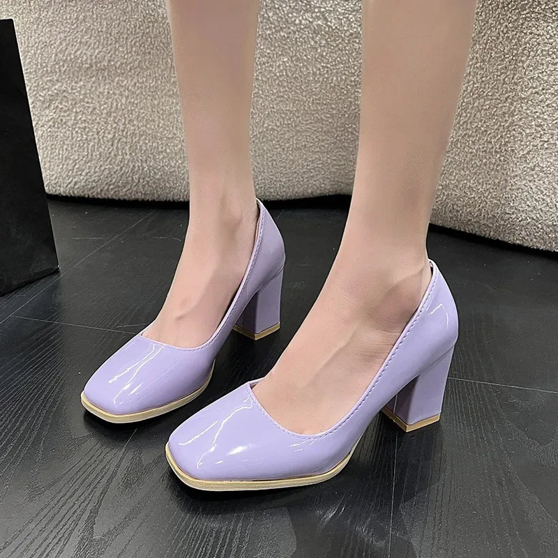 Women's Retro Square Toe Block Heel Pumps – Slip-On Dress Block Heel Pumps Axl