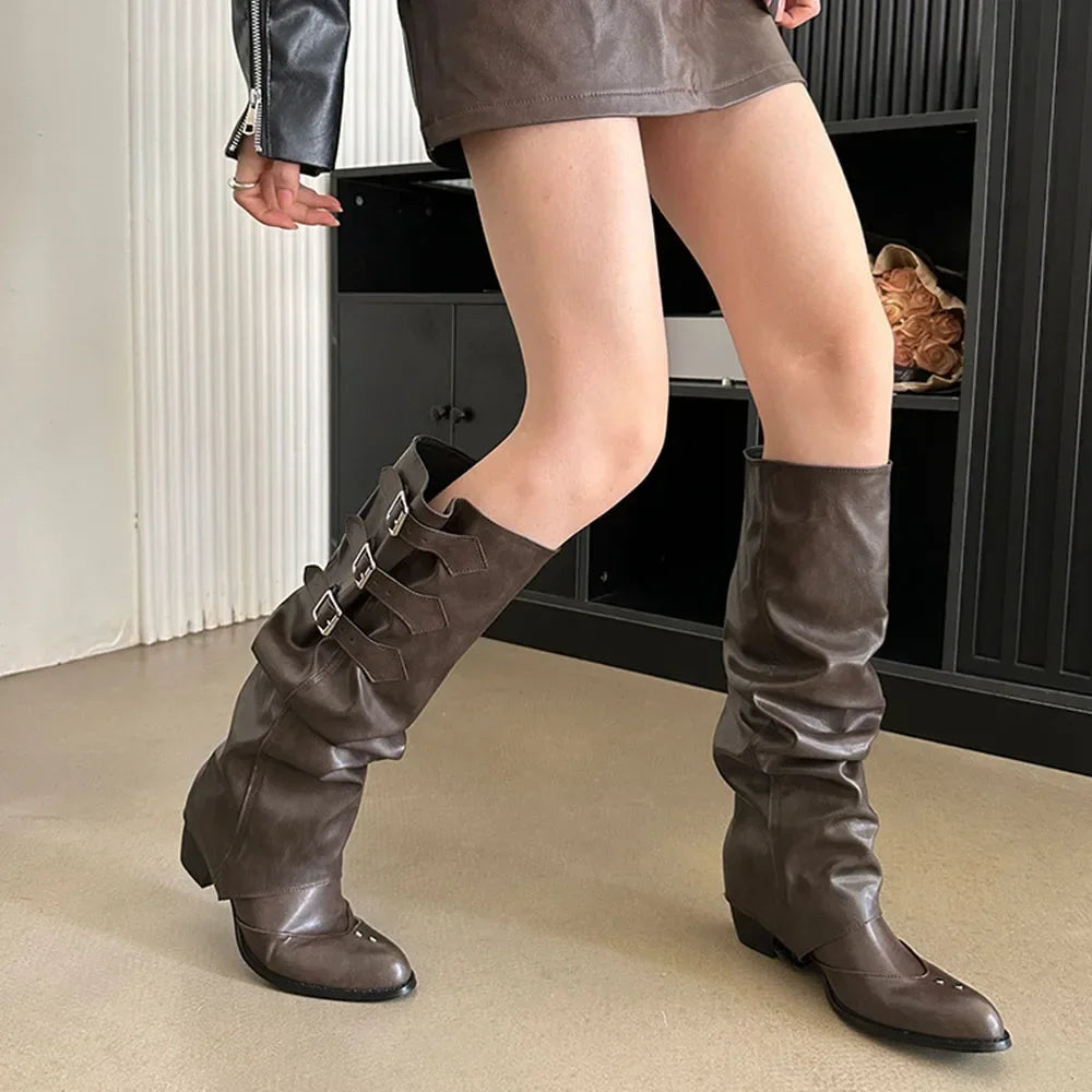 Women's Punk Gothic Knee-High Boots – Black Rivet Moto Style Knee-High Boots Axl