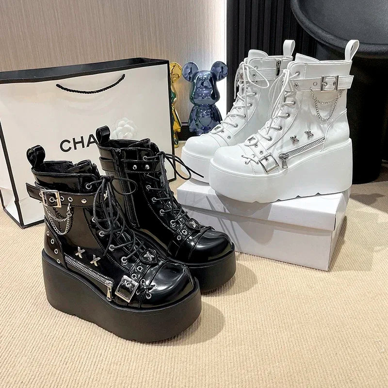 Gothic Platform Wedge Mid-Calf Boots – Women's Lace-Up Platform Wedge Boots Axl