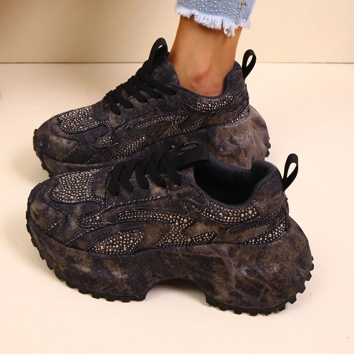 Women's Rhinestone Chunky Platform Sneakers | Denim Canvas Platform Sneakers Axl Black 35