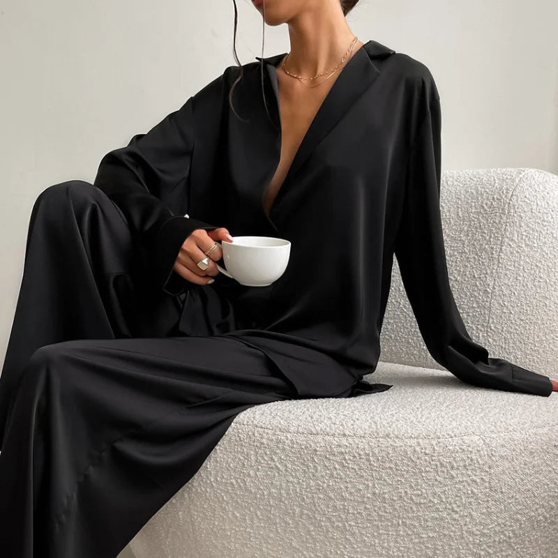 Women's Satin Pajama Set – Long Sleeve & Trouser 2-Piece Pajama Set Axl