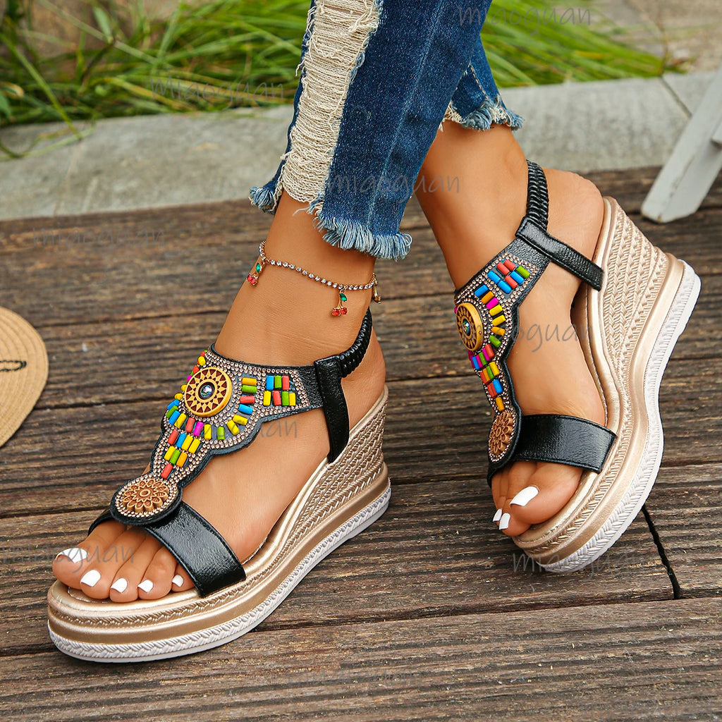 Women's Bohemian Wedge Sandals – Colorful Bead Beach Shoes Wedge Sandals Axl