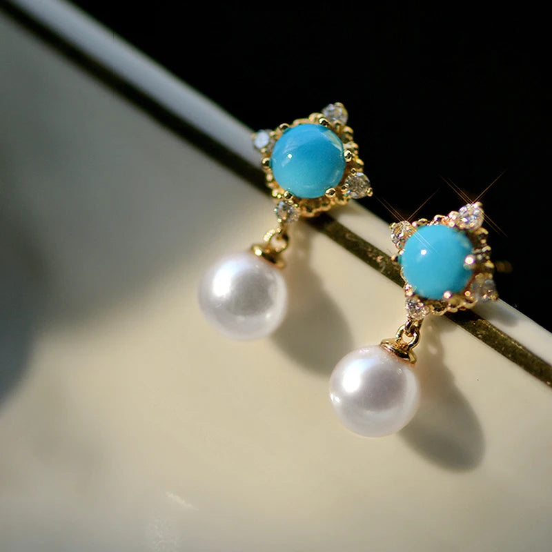 Huitan Vintage Blue Pearl Dangle Earrings for Women Pearl Dangle Earrings Axl