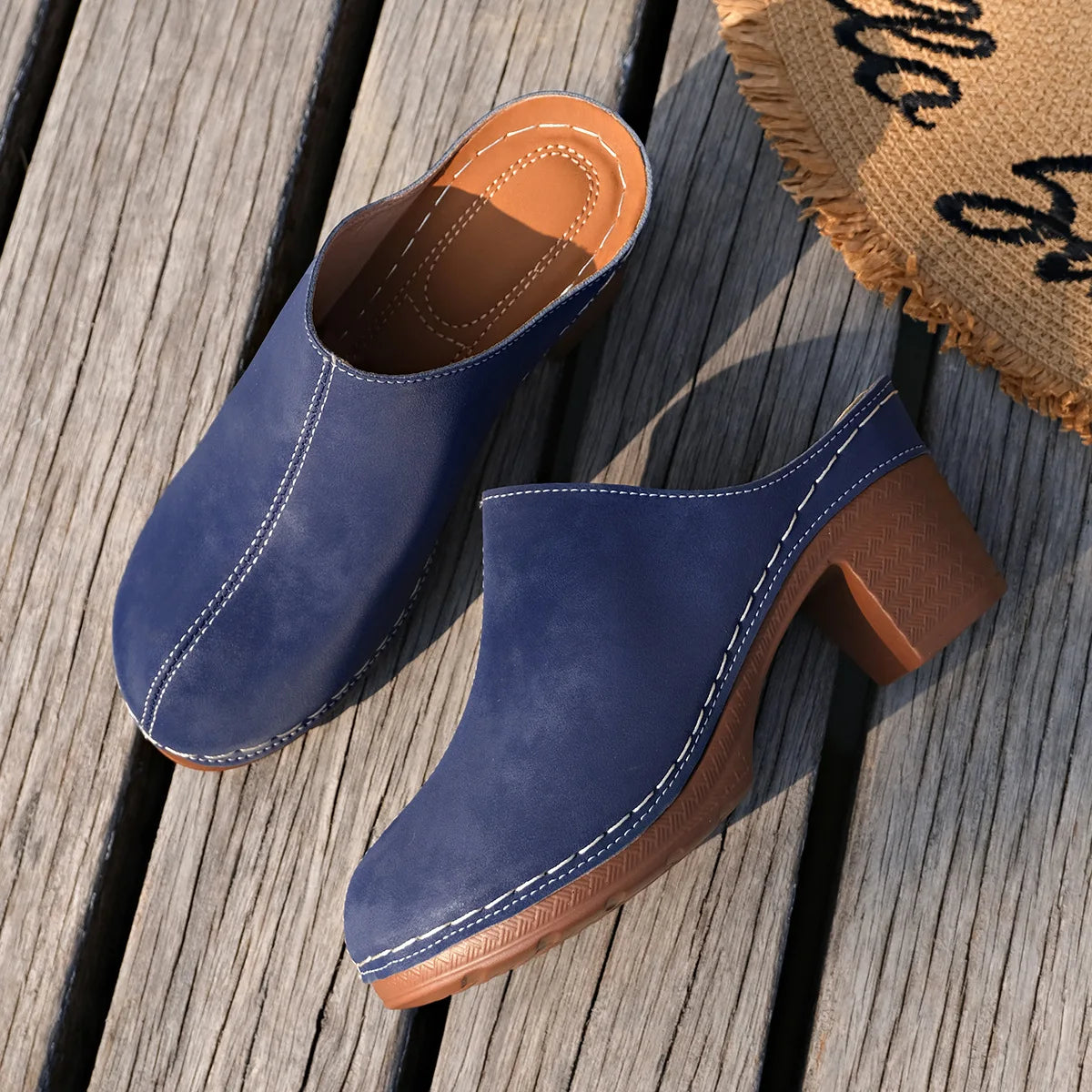 YBQJOO Women's Chunky Heel Mule Sandals – Floral Hollow Upper Chunky Heel Mules Axl Blue 39