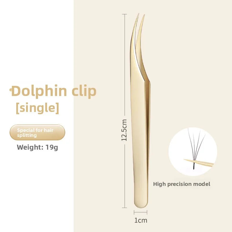 Silver Eyelash Extension Tweezers – Dolphin & Feather Precision Set Eyelash Tweezers Set Axl Gold-Dolphin clip(Hi