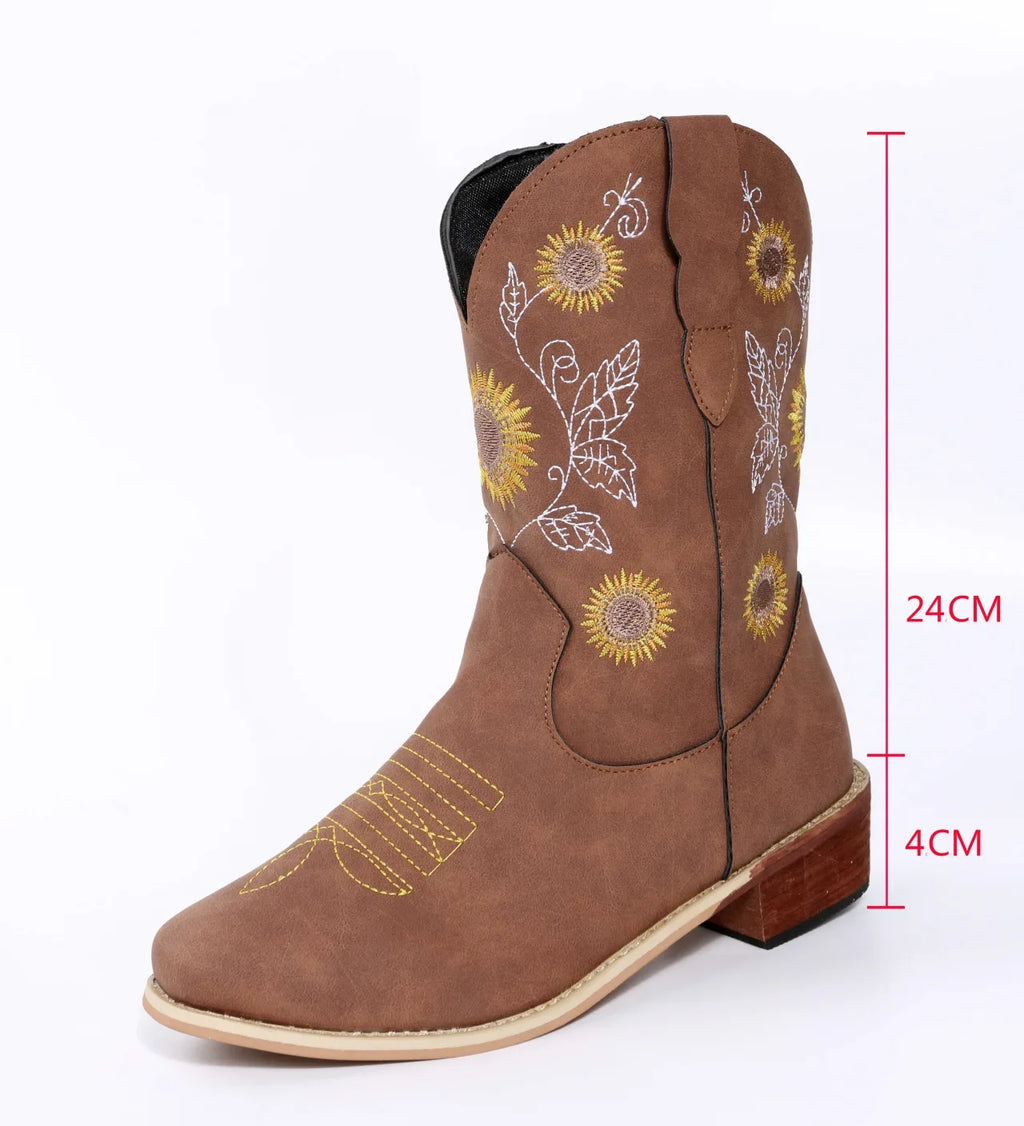 Women's Embroidered Floral Mid-Calf Western Cowboy Boots Western Cowboy Boots Axl