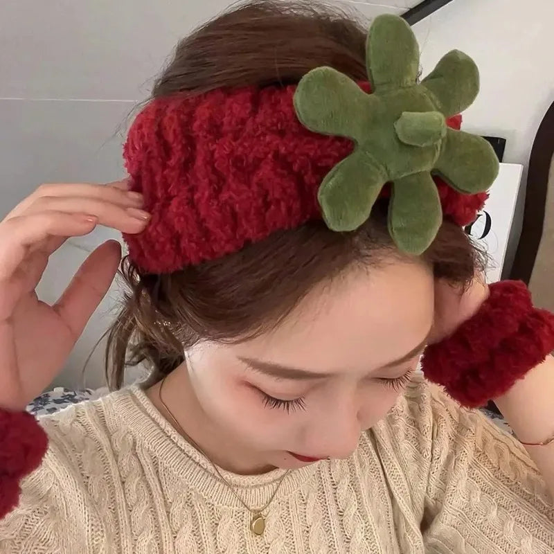 Strawberry Headband & Wristband Set – Soft Terry Cloth 3 Pcs Hair Accessories Set Axl