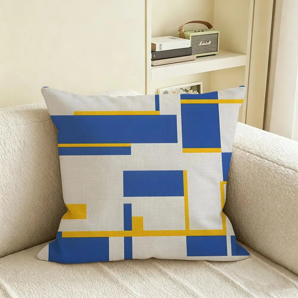 Mondrian Linen Cushion Cover – Natural Printed Pillowcase Set Linen Cushion Cover Axl White11 45X45cm