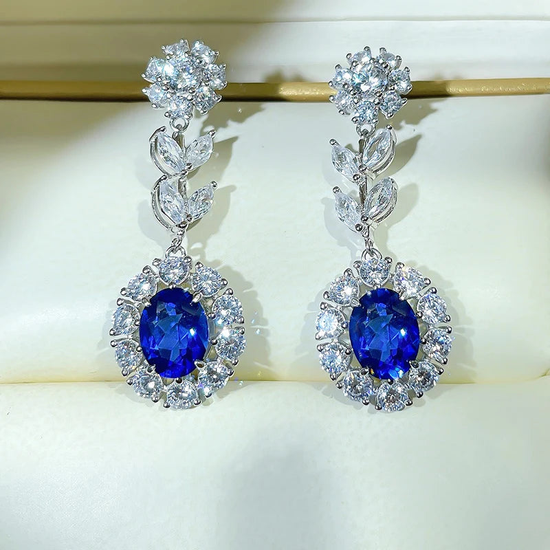 Huitan Flower Dangle Earrings – Blue White CZ Silver Drop Drop Dangle Earrings Axl E2992