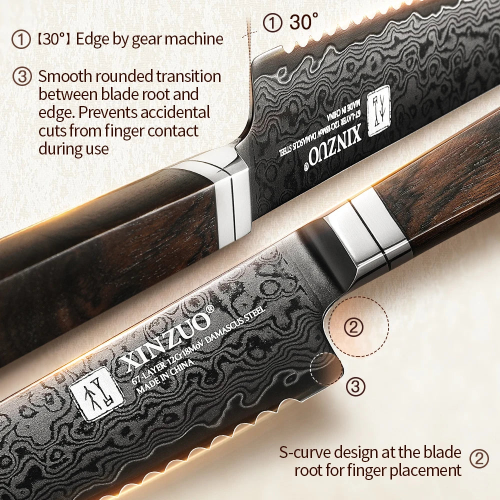 XINZUO Ji 8.46" 67-Layer Damascus Steel Bread Knife | Ebony Handle Damascus Bread Knife Axl