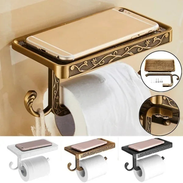 Wall-Mounted Toilet Paper Holder with Phone Shelf | Retro Brass Toilet Paper Holder Axl