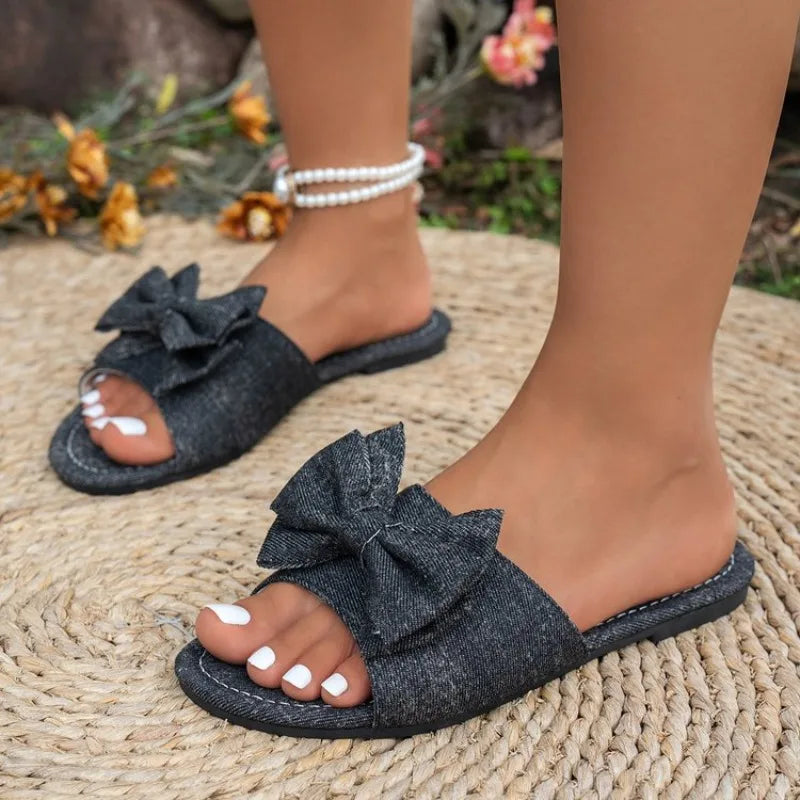 Women's Bowknot Flat Slide Sandals | Open Toe Non-Slip Slippers Flat Slide Sandals Axl