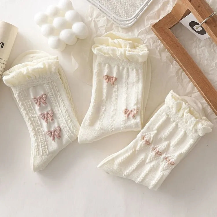5 Pairs Women's Lolita Mid Tube Socks – Bow & Flower Pattern Women's Fashion Socks Axl