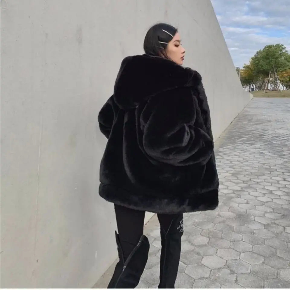 Women's Hooded Faux Fur Coat – Korean Style Plush Fleece Faux Fur Coat Axl Black XL China Mainland