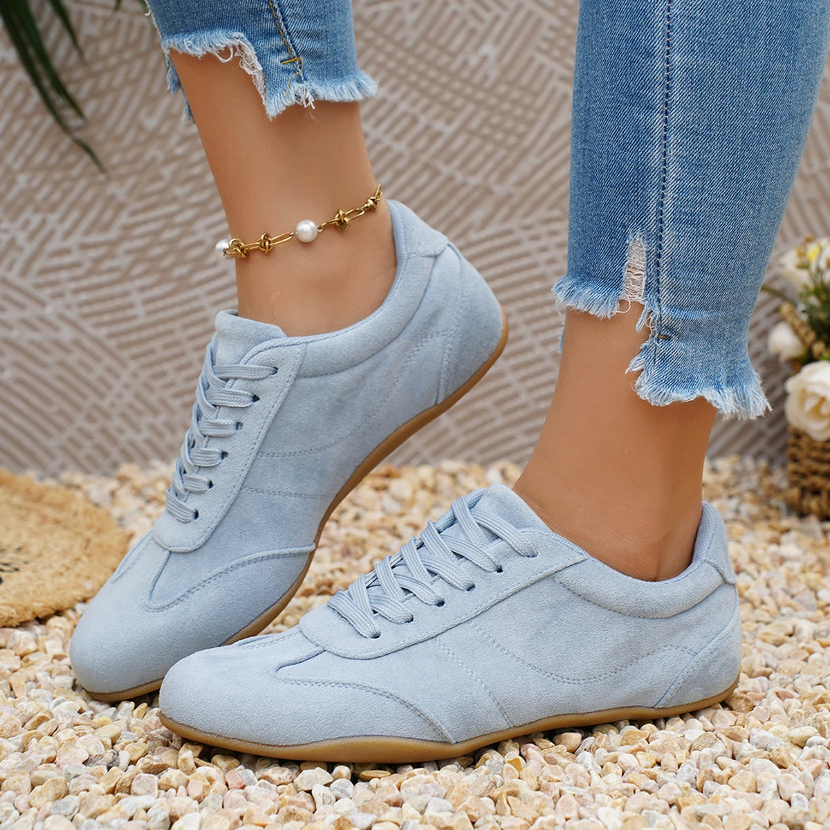 Women's Suede Lace-Up Sneakers – Soft Casual Round Toe Shoes Women's Casual Sneakers Axl Blue 36