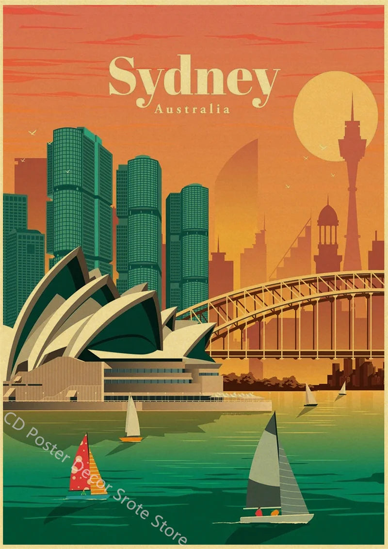 World Cities Retro Travel Poster – Rome Paris Sydney Dubai Art