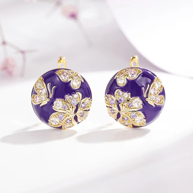 Huitan Purple Flower Enamel Gold Hoop Earrings for Women Hoop Earrings Axl E5132