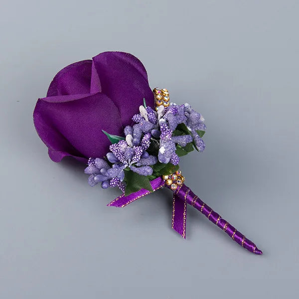 Silk Rose Groom Corsage Brooch – Men's Wedding Boutonnière Pin Wedding Corsage Brooch Axl Purple