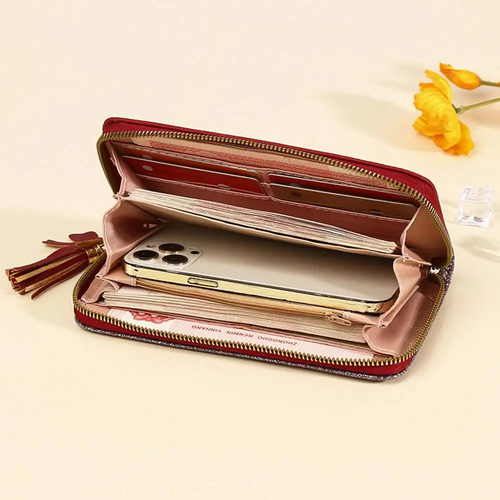 Women's Glitter PU Leather Wallet – Tassel Zipper Clutch Purse Women's Clutch Wallet Axl