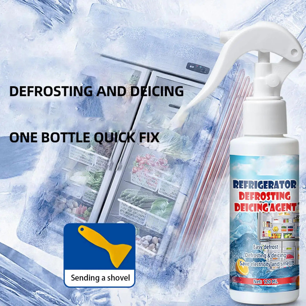 120ml Freezer Defrost Spray – Fridge Ice Remover + Shovel Defrosting Spray Axl