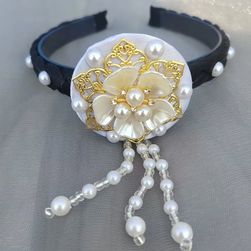 Korean Hanbok Headband – Pearl Tassel Retro Flower Hair Hoop Hair Headband Axl white