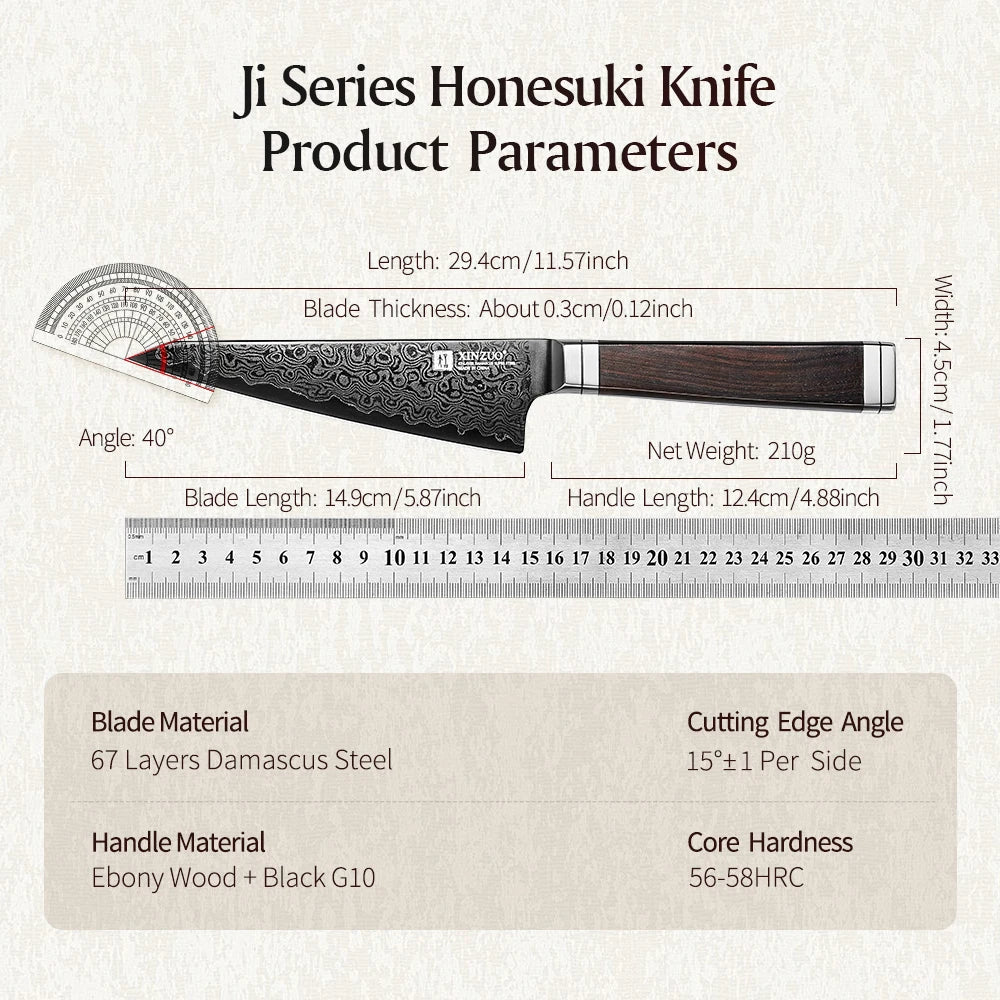XINZUO 5.9" Damascus Honesuki Knife – Ebony Wood & G10 Handle Honesuki Knife Axl