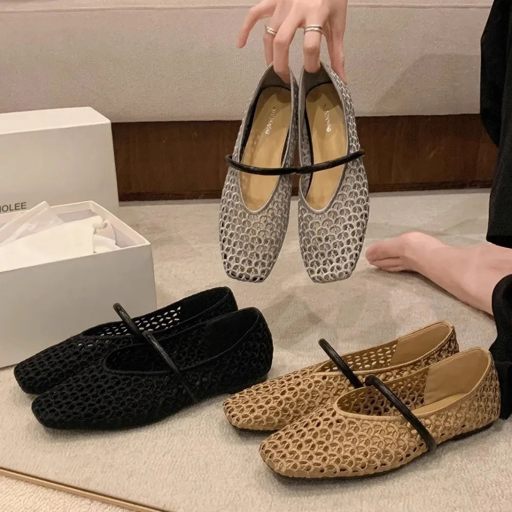 Women's Cut-Out Mary Jane Flats – Woven Fishnet Square Toe Mary Jane Flats Axl