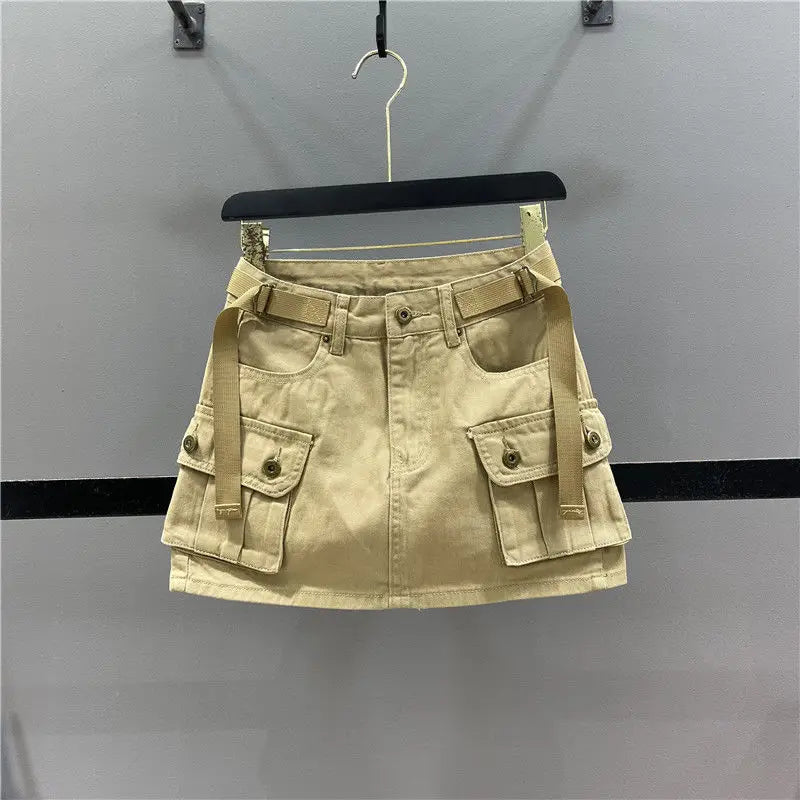 Women's Denim Mini Cargo Skirt – A-Line Zipper Fly Jean Skirt Denim Mini Skirt Axl Khaki XS