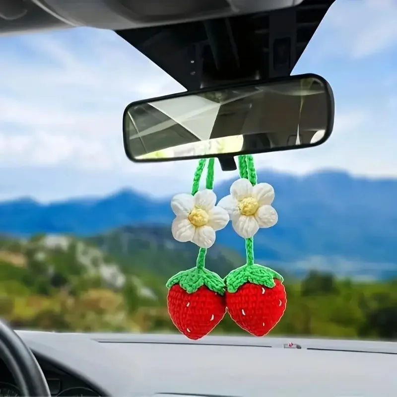 Hand Crocheted Sunflower & Strawberry Car Mirror Hanging Decor Crochet Car Ornament Axl
